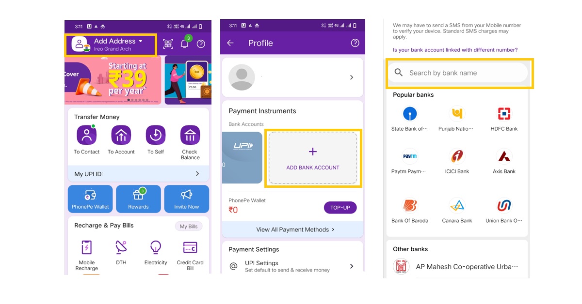 how to add bank account in phonepe without sim card